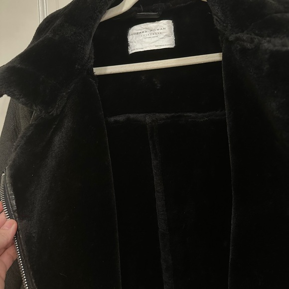 Zara Black Aviator Shearling Faux Bomber Jacket with Fur Trim XS - Picture 3 of 4